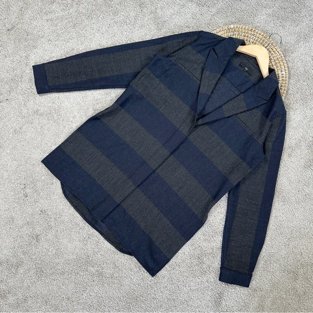 Tibi Women’s Virgin Wool Blend Button Down Blazer Jacket in Stripe Blue Gray S - Image 2