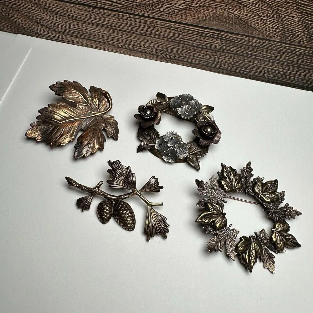Rustic Metal Autumn Fall Leaf Brooch Pin Lot Of 4 Leaves Great For Thanksgiving - Image 2
