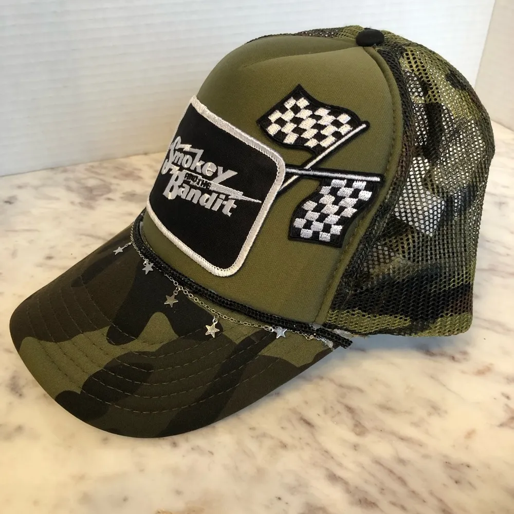 Black and White Camo Charmed Smokey and the Bandit Patch Trucker Hat OS Green - Image 3