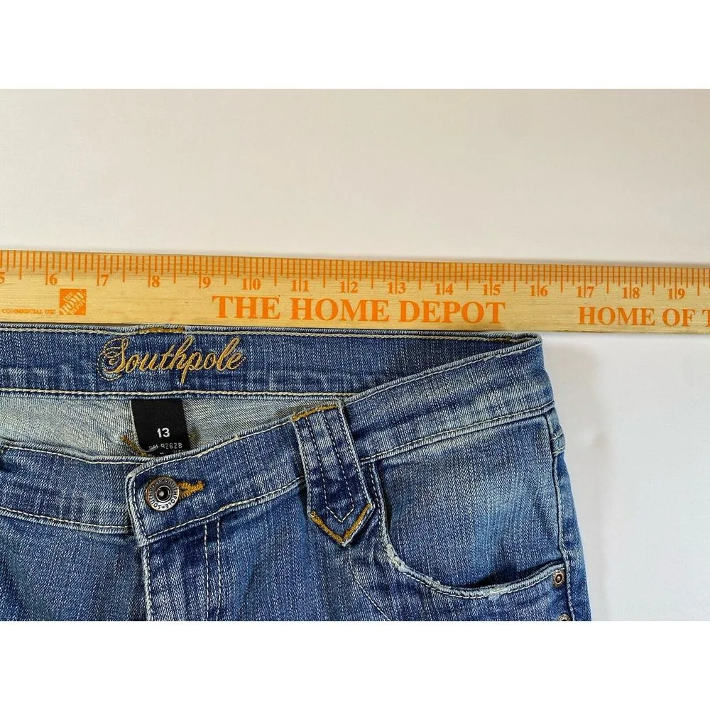 Southpole Jeans WOMEN 13 Y2K Cropped Distressed Camo Patches Blue Cuffed‎ Junior Size undefined - Image 9