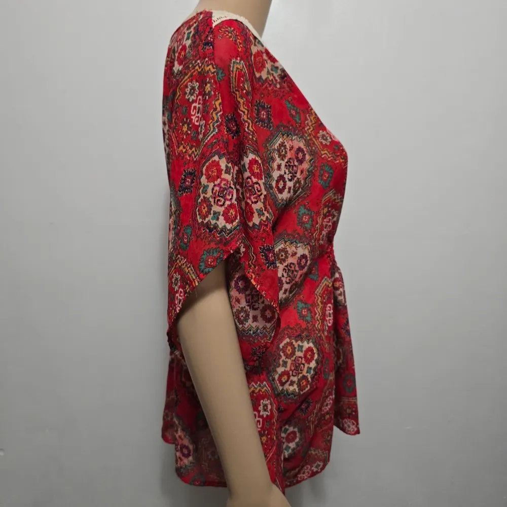 Red Camel Boho Print Lace Trim Batwing Blouse – Size Large - Image 4
