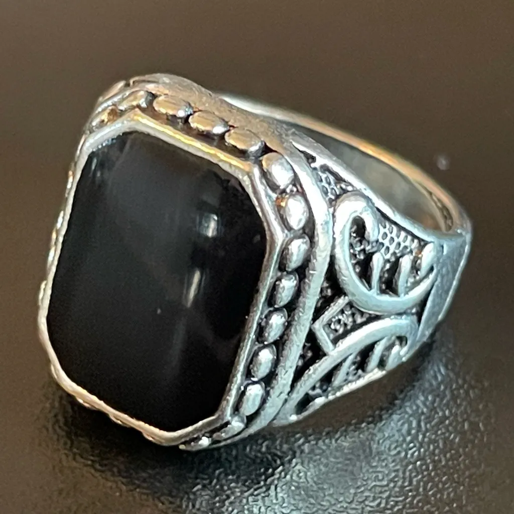 Hexagonal black obsidian S925 silver ring size 9 - Image 3