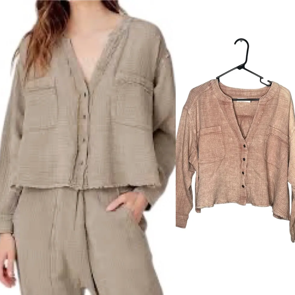 Anthropologie Mustard Seed Mauve Gauze Boho Button Front Long Sleeve Top Size L - Image 2