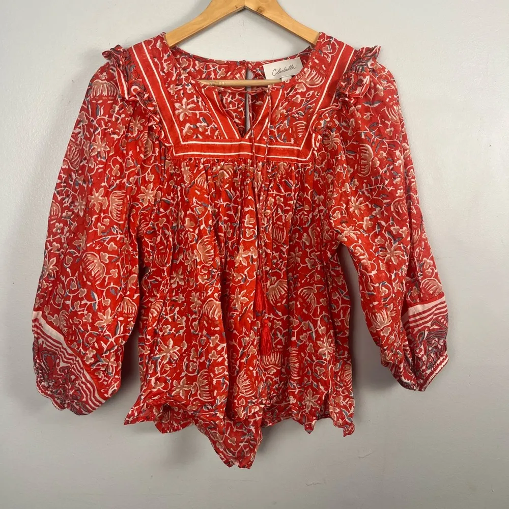 CLEOBELLA Mylah Blouse block print orange/red/white organic cotton top size xs - Image 4