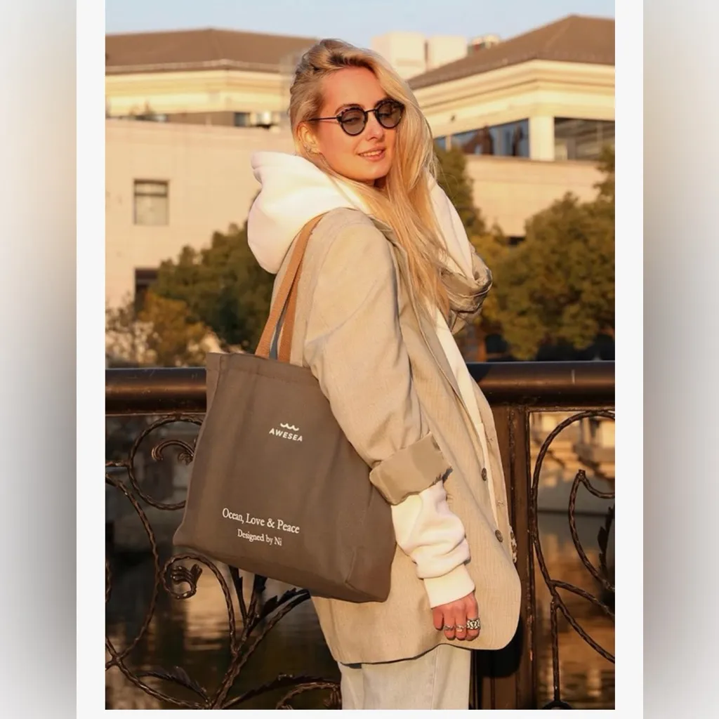 NEW Large Canvas Tote Bag Durable interior Pocket Zipper Travel Daily Use 13x19” Gray - Image 2