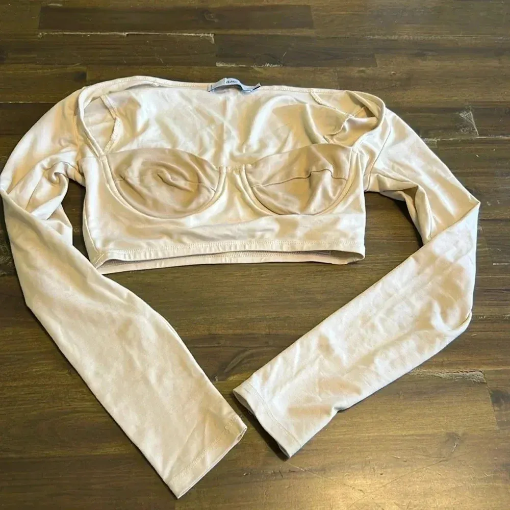 Adika Corset Bustier Crop Top Nude Tan Long Sleeve Cropped Small S neutral - Image 2