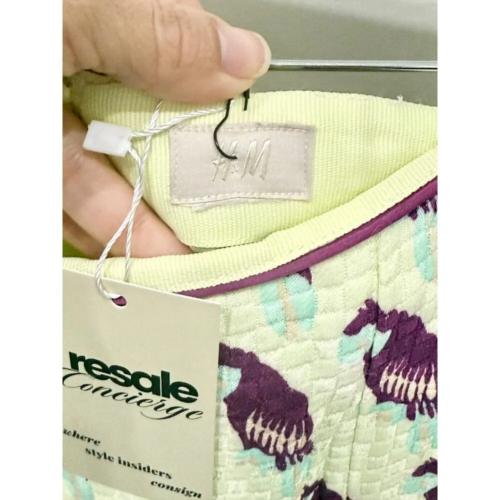 H&M Bird Print Pull On High Waisted Mini Pencil Skirt Lime Yellow Women's Size 2 - Image 3