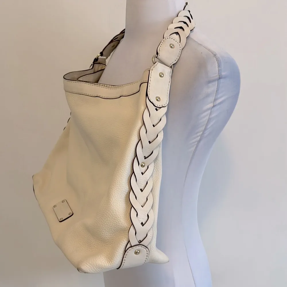Cream Leather Braided Strap Hobo Bag - Image 6