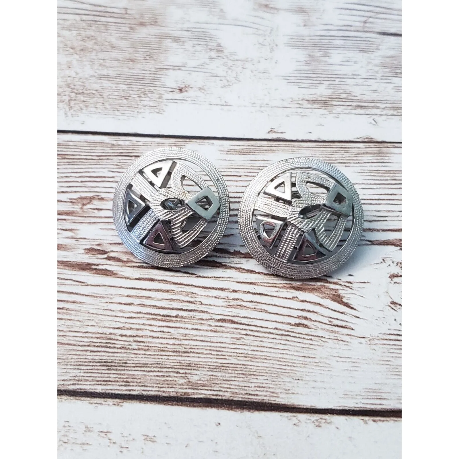 Vintage Trifari Clip On Earrings - Fancy Silver Tone Circle - Just Over 7/8" - Image 3