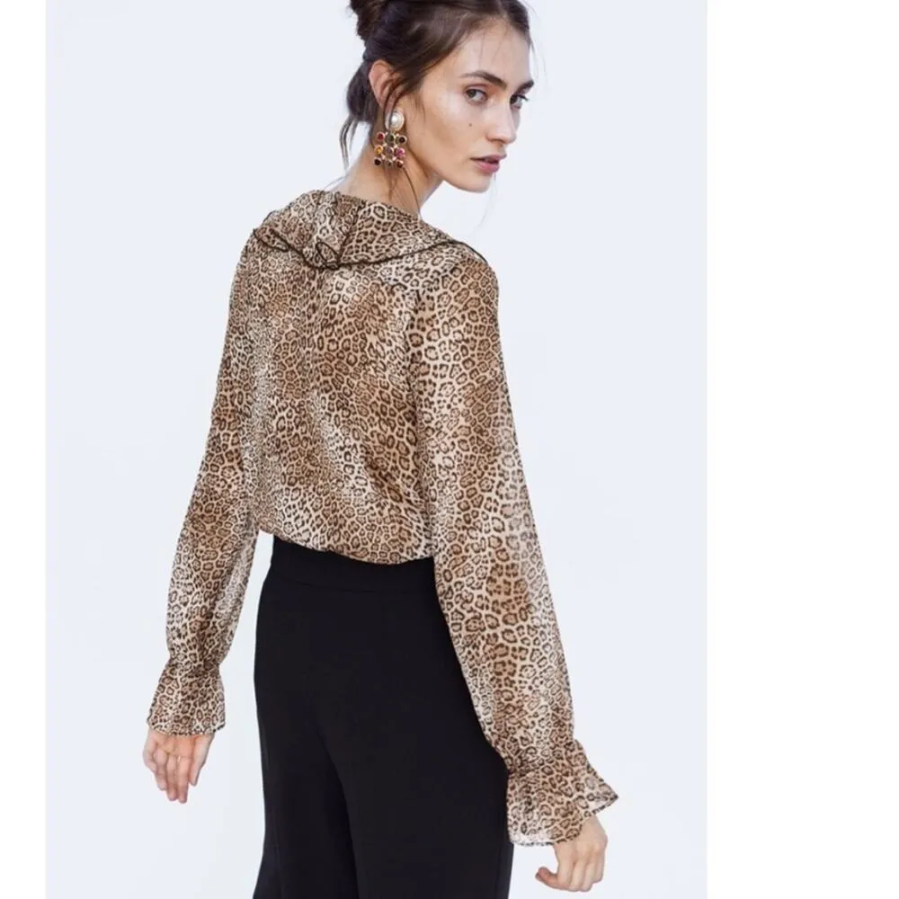 Zara Leopard Bodysuit Small Animal Print Semi Sheer Long Sleeve Ruffle Career - Image 12