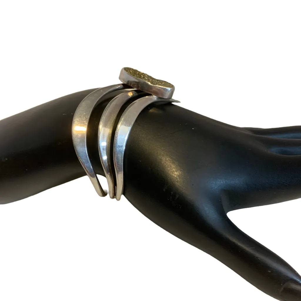 925 STERLING SILVER BANGLE CUFF BRACELET WITH GOLD DRUZY QUARTZ - Image 3