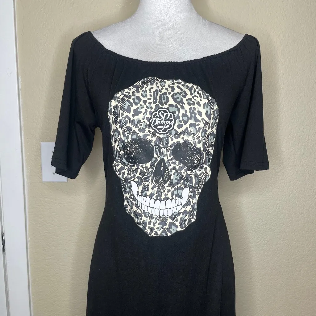 Chic Me Women's Black Cream Skull Off Shoulder Side Slit Maxi Dress Plus Sz XL - Image 3