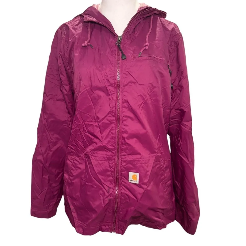 Carhartt Pink Fuschia Windbreaker‎ Medium 8/10 Raincoat Hood Zipper - Image 2