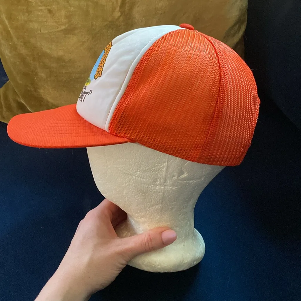 80s VINTAGE Trucker Hat Blaze Orange Oil Field Roughneck Redneck Country Novelty - Image 3