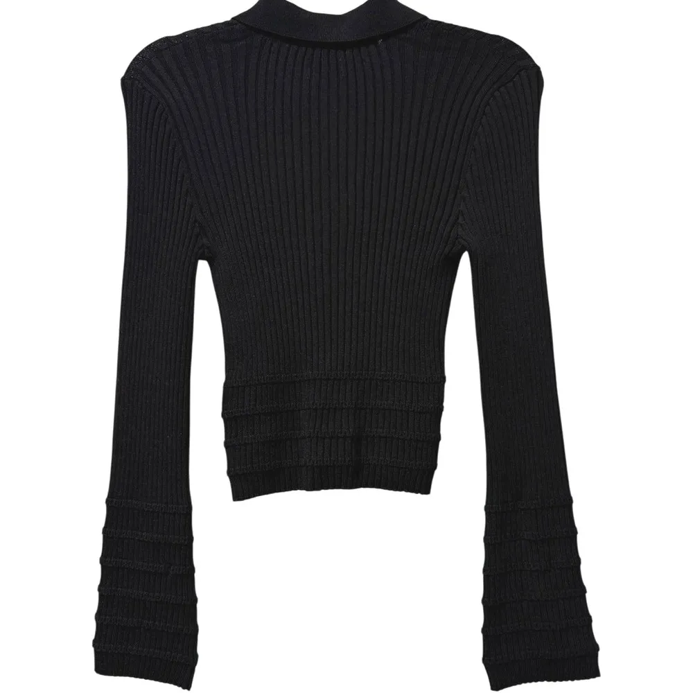 Anthropologie Maeve Ribbed Knit Polo Henley Sweater Top Bell Sleeve Black Medium - Image 3
