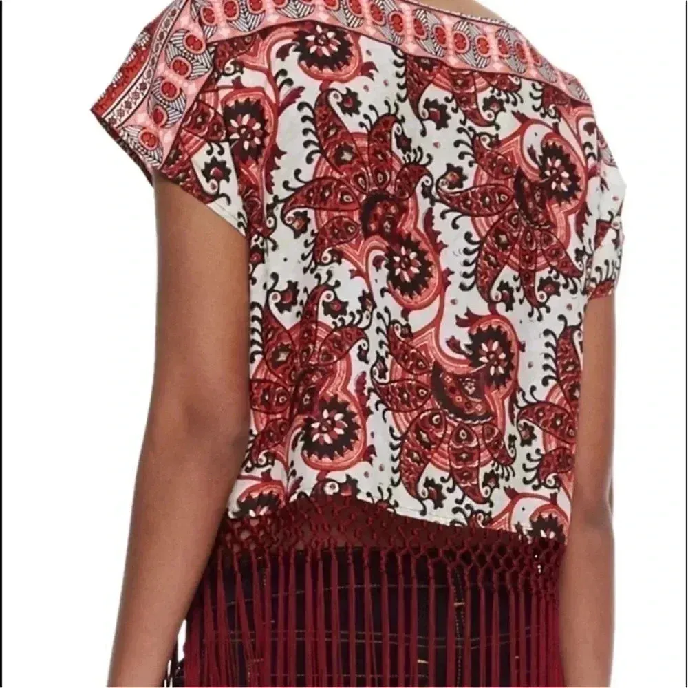 Micheal | Michael Kors | Red & Brown Bohemian Paisley Print Fringe Blouse Size M Size M - Image 6