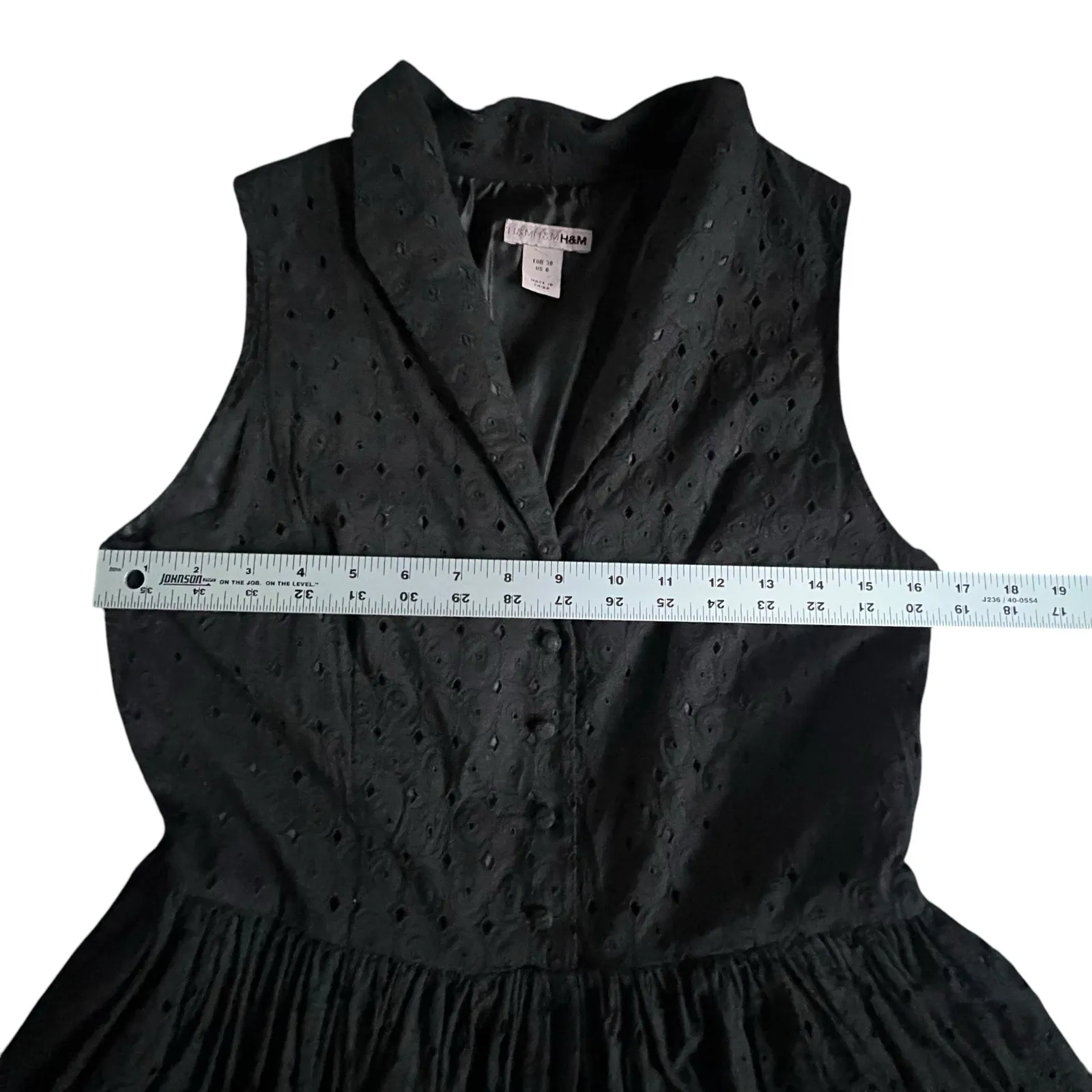 H&M Black Midi A-Line Sleeveless Eyelet Dress Belted Size 8 Lined - Image 10