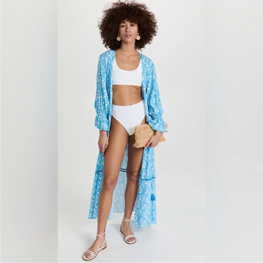 Playa Lucila Blue White Floral Long Sleeve Empire Tie Waist Open Duster Cover S - Image 4