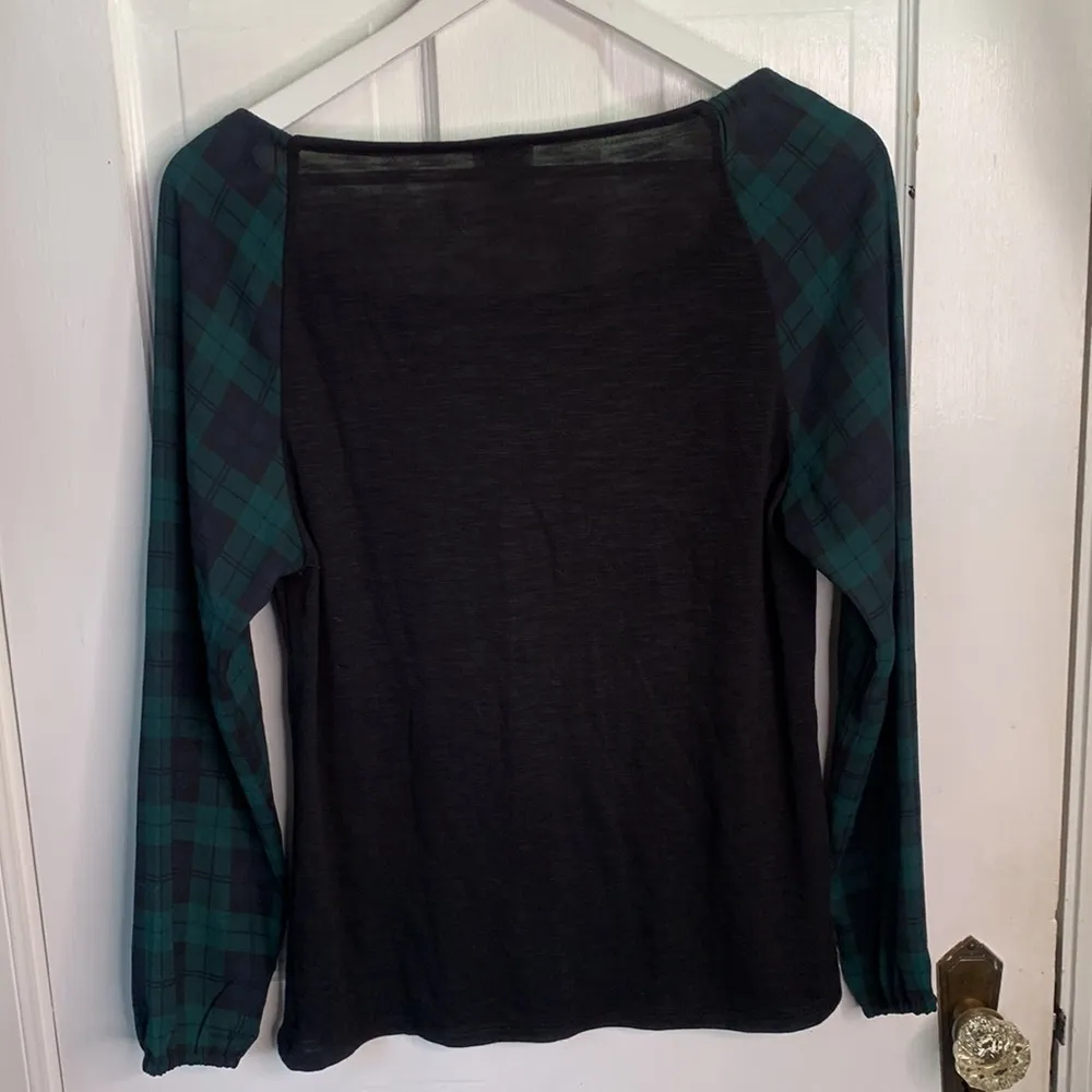 J. Crew Women’s Black Square-neck top with plaid sleeves New with Tag Sz S - Image 10