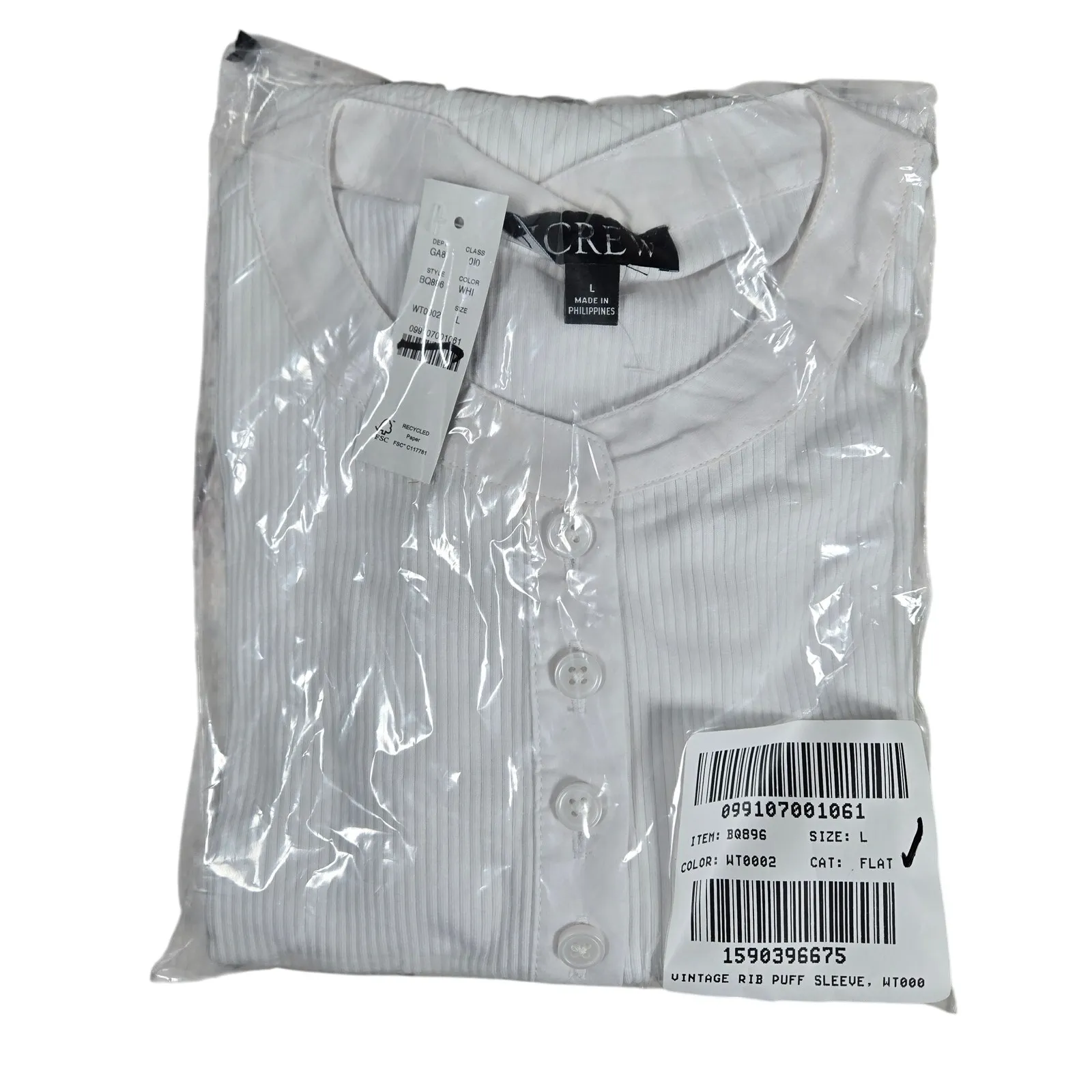 J. Crew Vintage rib puff-sleeve henley top L‎ White BQ896 - Image 9