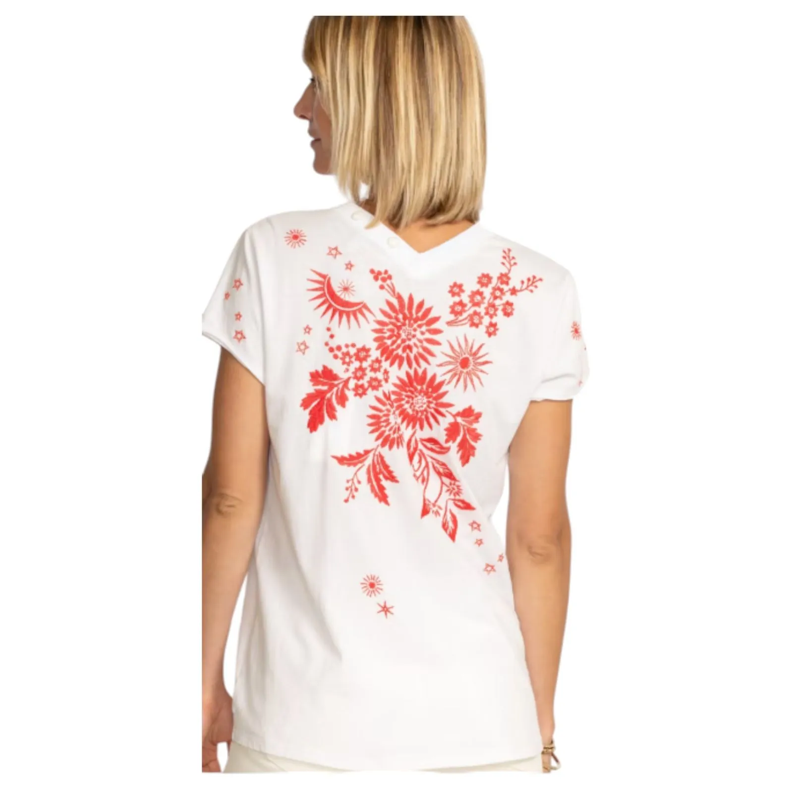 Johnny Was Oleander Oversized Button Neck Knit Tee White Embroidered Floral XXS - Image 5