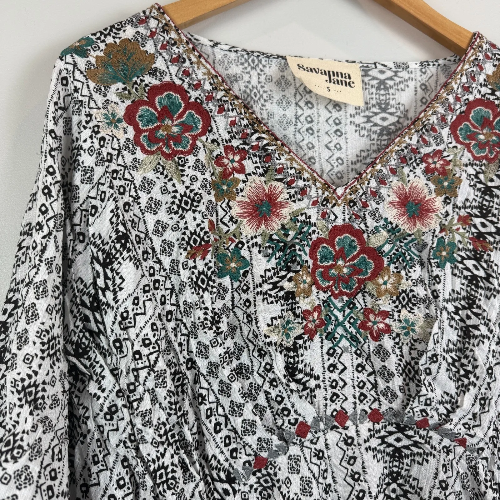 Savanna Jane Top Women S Multi Aztec Floral Embroidered Ruffle Blouse Boho Retro - Image 3