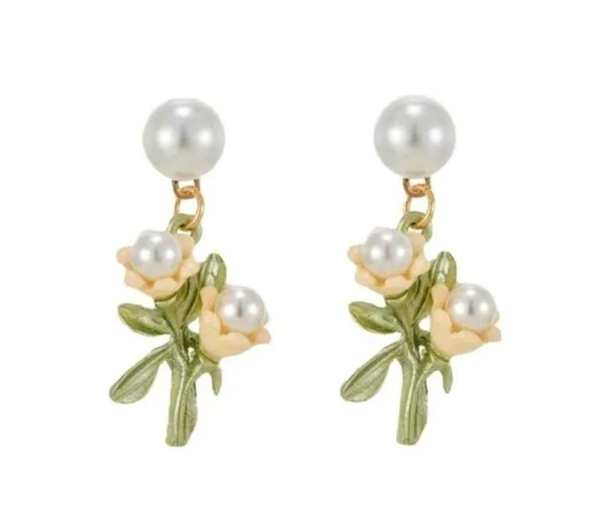 1 Pair Delicate Decor Dangle Zinc Alloy Earrings With Faux Pearl And Flower Desi Gold - Image 2