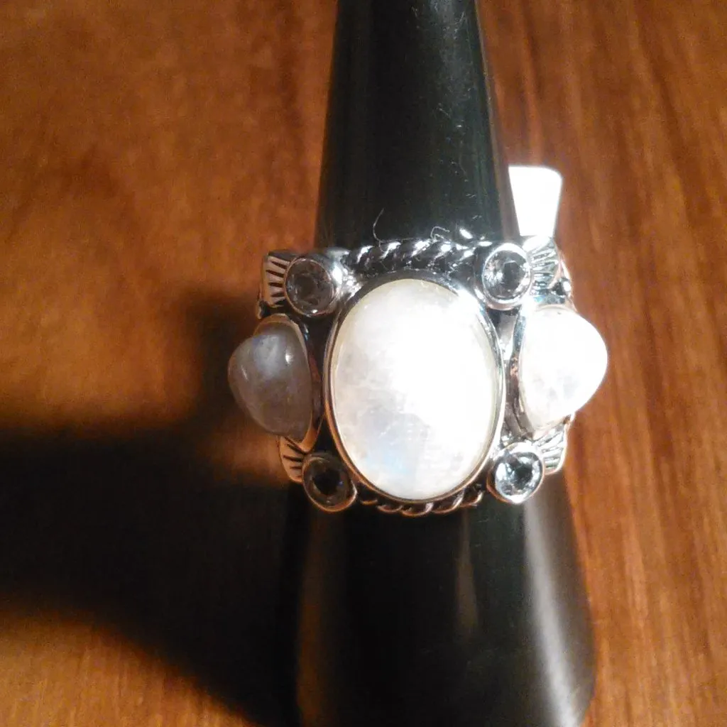 White Rainbow Moonstone Three Stone Sterling Silver Ring (Size 7) - Image 14