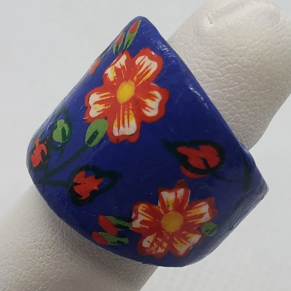 Boho Blue, Red, & Green Floral Wooden Ring Red - Image 3