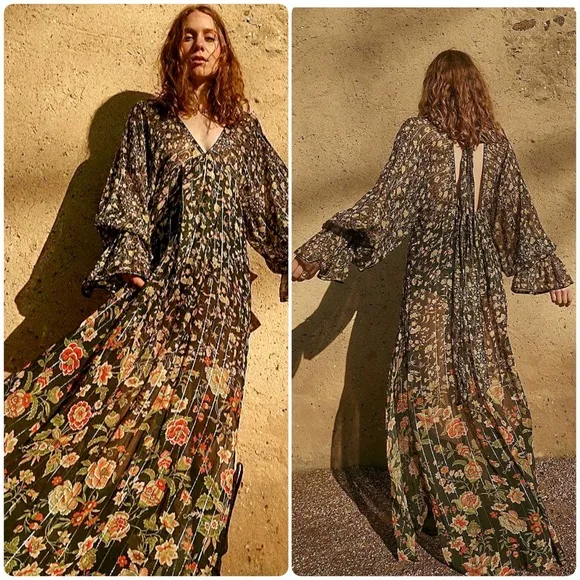 NEW Rococo Sand Hana Kaftan Dress Womens M Floral Printed Flowy Boho Maxi Black Size M - Image 2