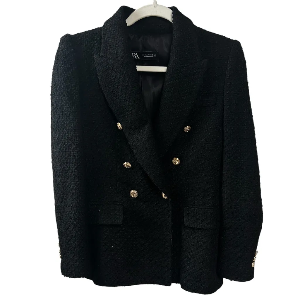 Zara Black Double Breasted Gold Button Tweed Blazer Size Medium Blogger Favorite - Image 4