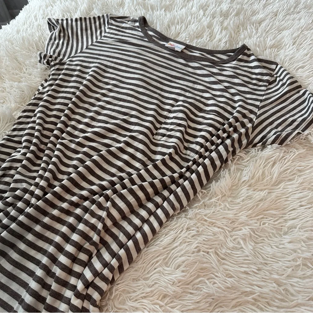 LuLaRoe Carly Striped Swing Dress Gray Brown Ivory Pocket Soft Stretch Medium - Image 10