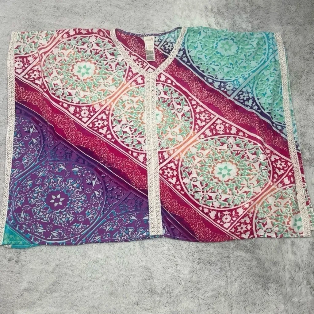 Chicos Kaleidoscope Medallion Poncho Top Crochet
Metallic‎ Boho Beach Blouse S/M - Image 6