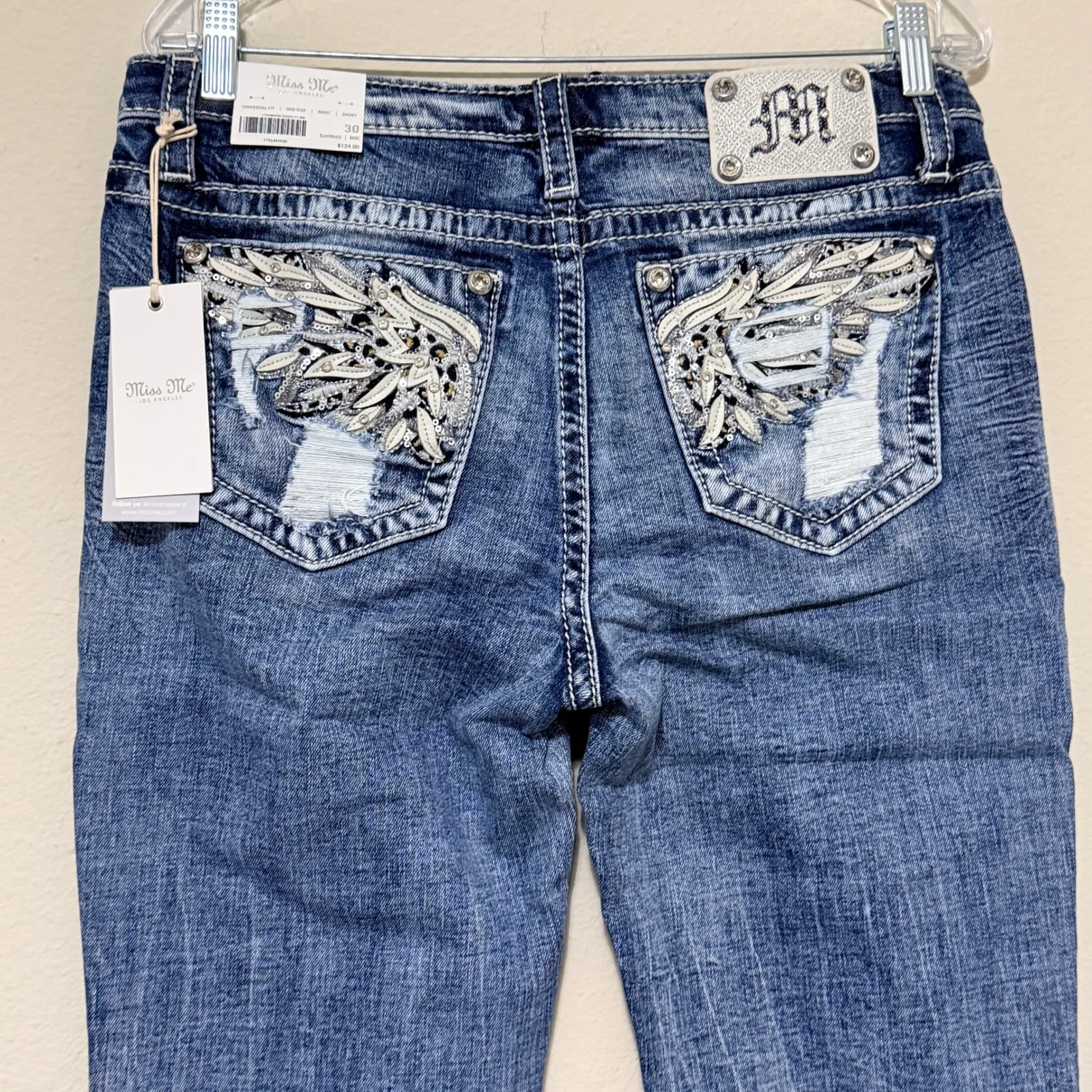 Miss Me Boot Cut Jeans Mid Rise Size 30 Short Distressed Denim Embellished - Image 4