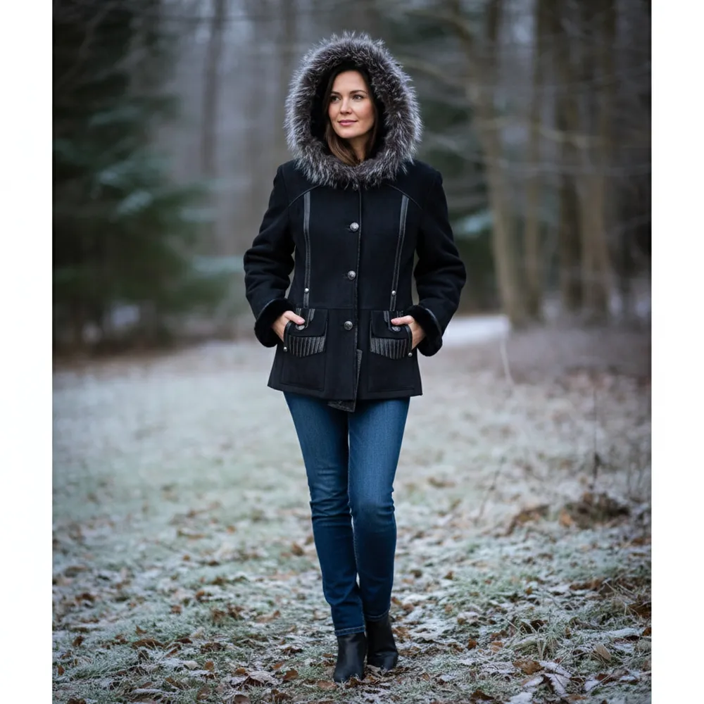 MODA'S genuine shearling suede fur coat jacket winter coat brown warm Sz M Black Size M - Image 3