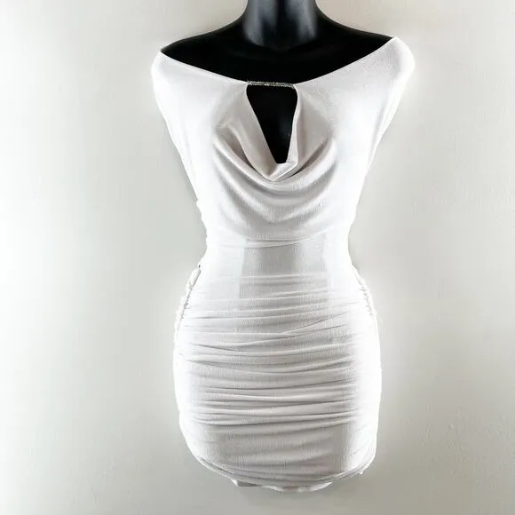 Lucy in the Sky Slinky Cowl Neck Ruched Bodycon Mini Dress White XXS - Image 2