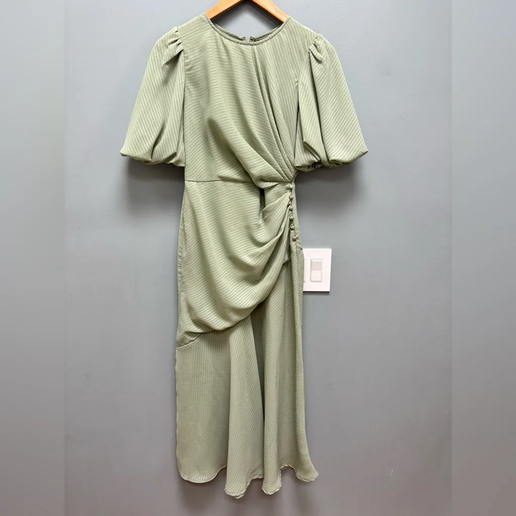 ASOS DESIGN ruched midi dress with puff sleeve check in sage green 2 - Image 5