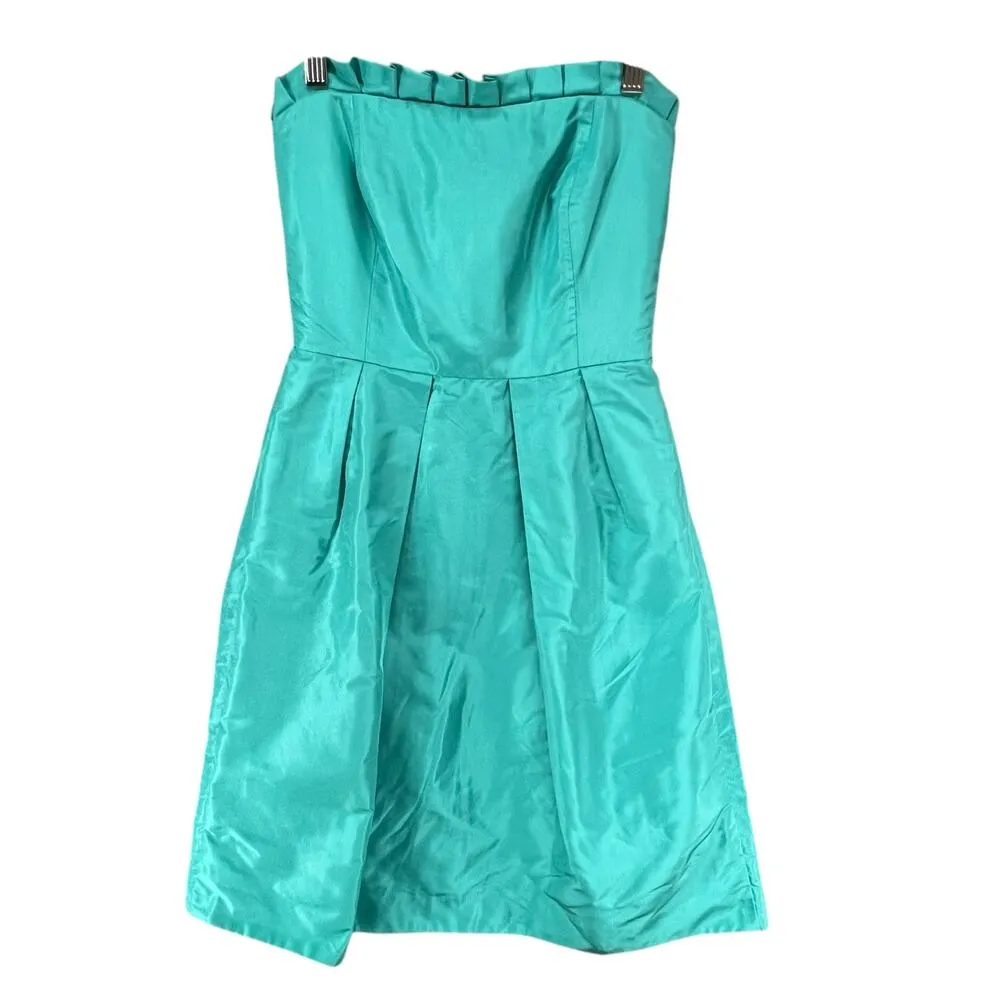 J Crew Dress Women 2 Green Aqua Silk Tafetta Audrey Strapless Ruffle Cocktail - Image 2
