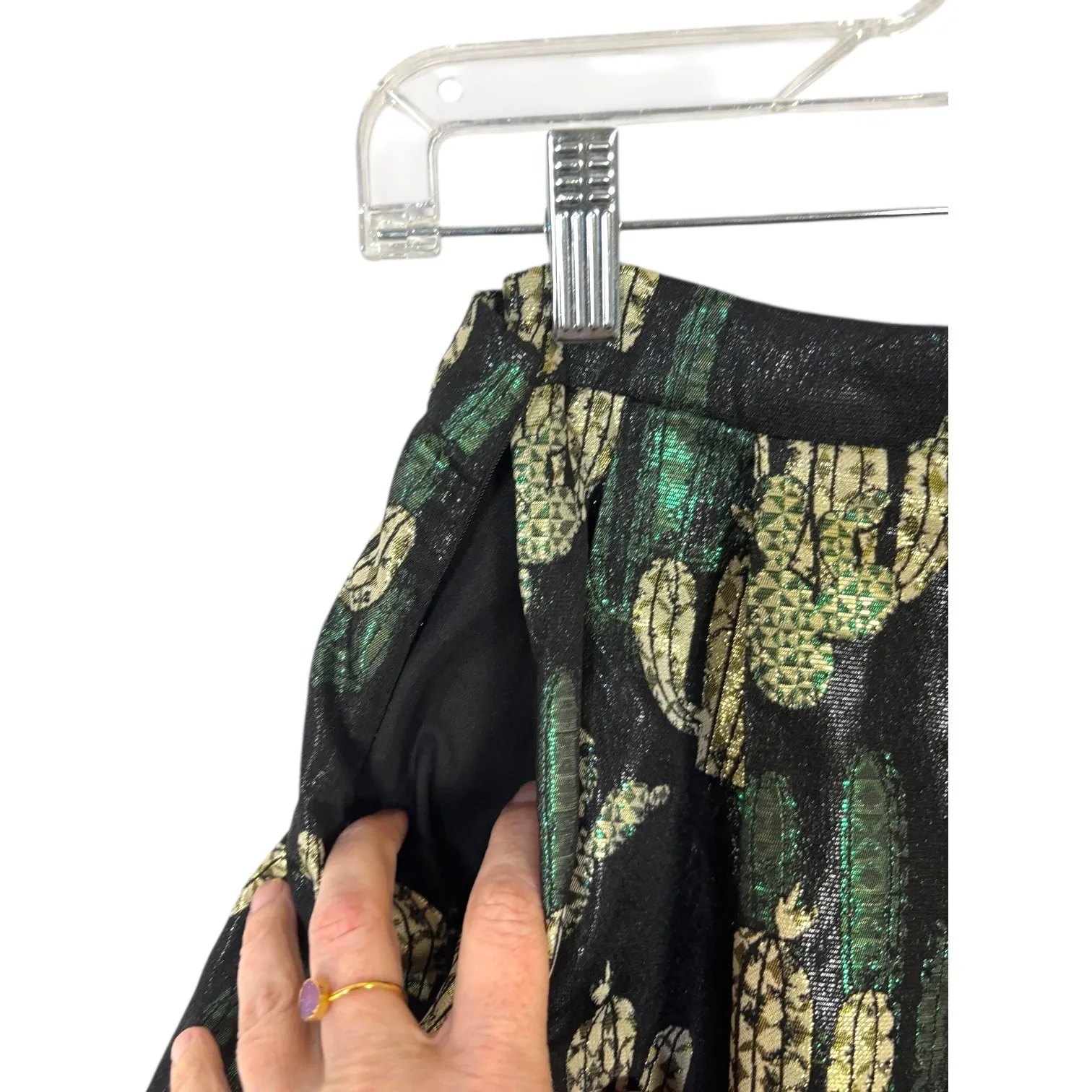 NWT Eva Franco Cactus Print High Low Midi Skirt Metallic Black Green Gold Sz 6 - Image 2