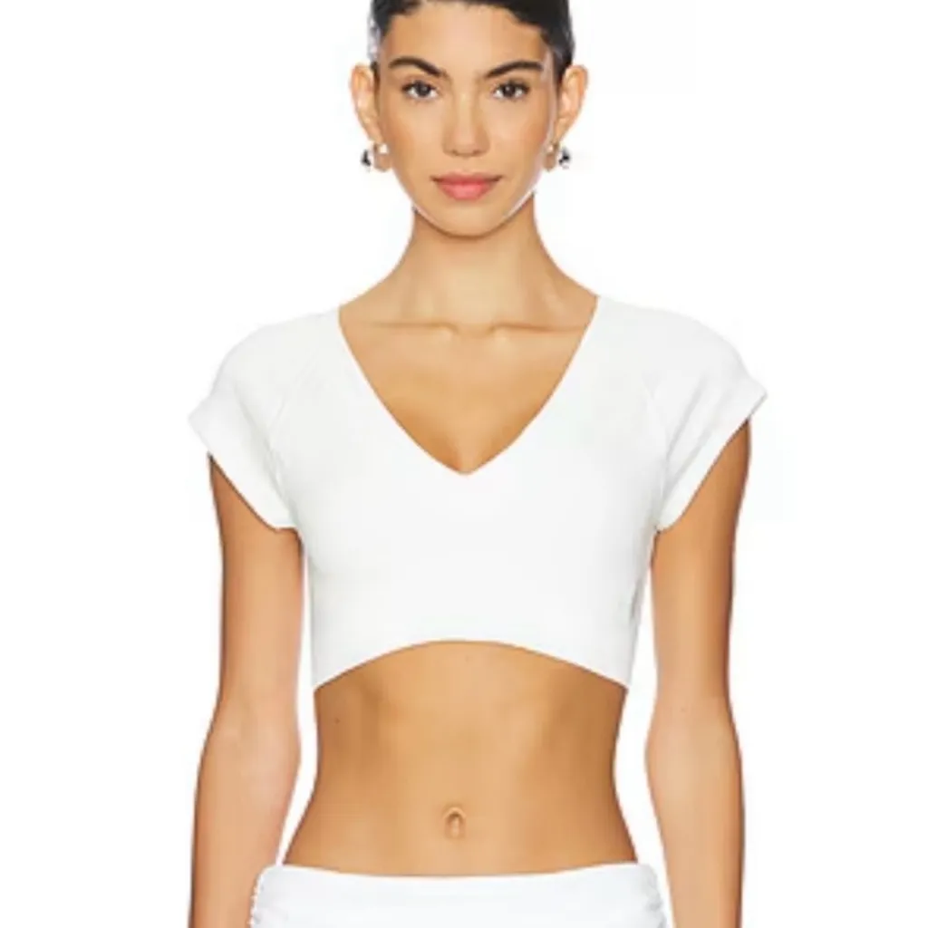 Show Me Your Mumu Miami V-Neck Stretch Crepe Crop Top‎ in Bone Size Medium - Image 5