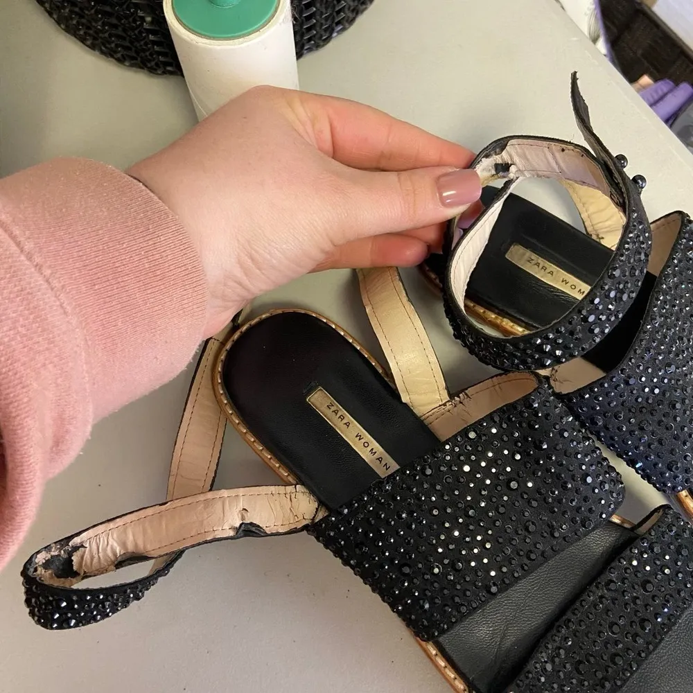 Zara Woman Size 37 or 6.5 Black Embellished Jeweled Ankle Wrap Gladiator Sandals - Image 4