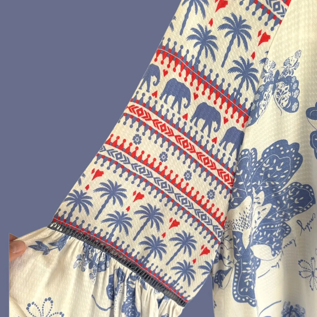 Like New Anthropologie Emily Lovelock Emma Top Medium Floral Elephant Palm Tree - Image 5