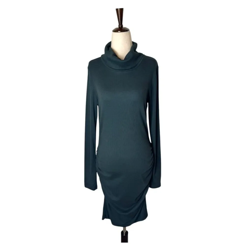 Michael Stars Dress Women Large Green Ribbed Knit‎ Turtleneck Ruched Velma Mini - Image 3