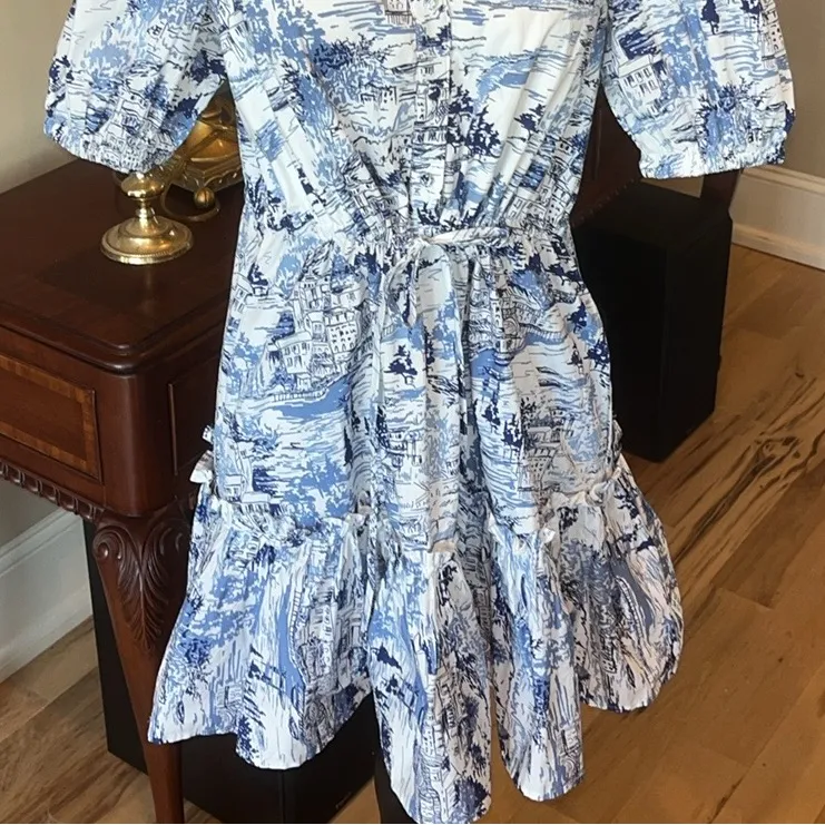 Sugar Lips Cutesy Flirty Blue White Etching Mini Dress Ruffle Hem New - Image 5