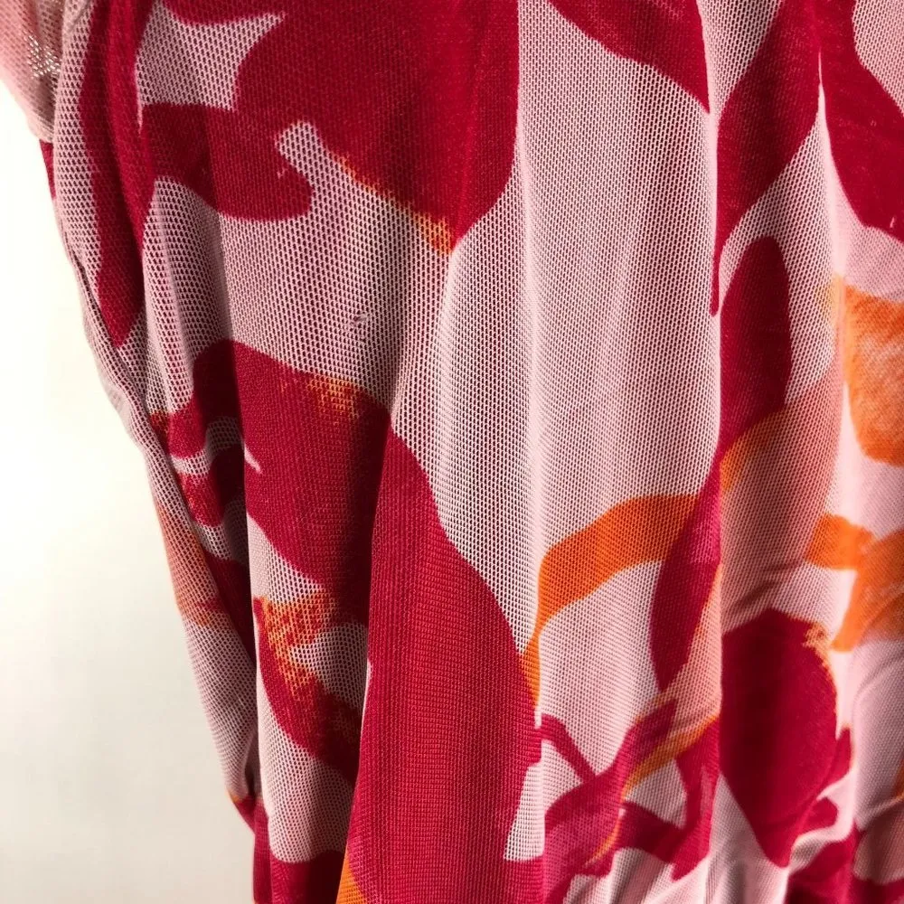 Leota Womens Midi Mesh Dress Leaf Print Short Sleeve V-Neck Ruffle Skirt Pink L - Image 3