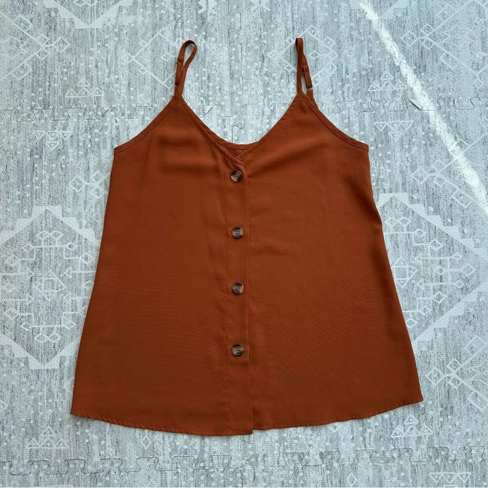 Burnt Orange Button Front Top Tortoise Shell Scoop Back Size S Minimalist Staple - Image 3