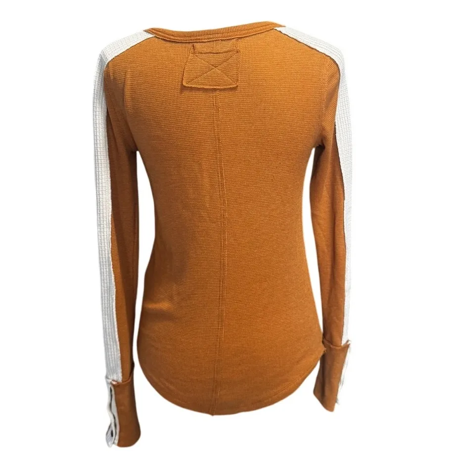 We The Free Colorblock Stripe Thermal Henley Tee Mustard Ochre and Ivory– XS - Image 2
