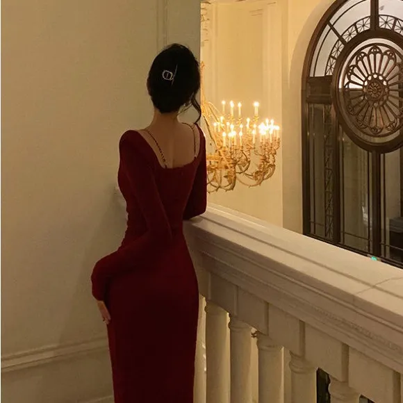 Wine Red Square Neck Midi‎ Dress with Chain Detail, US Size S/XS, Party new - Image 2