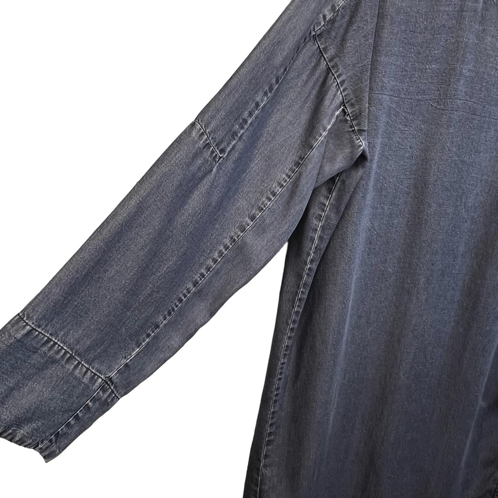 Zara Basic Chambray Shift Dress Gray Blue S Zip Shoulder Minimalist Relaxed Chic - Image 8