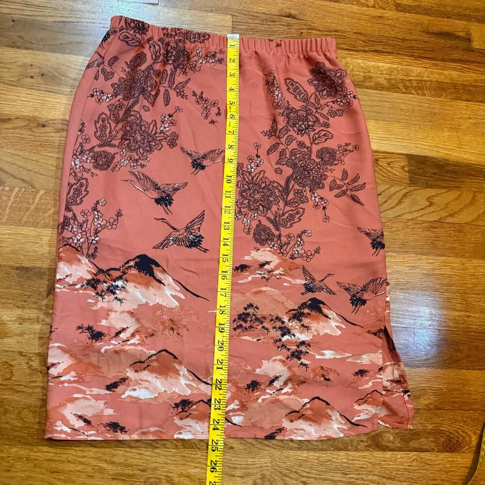 Pleione Women Medium Terracotta Crane Bird Floral Lined Straight Midi Skirt Cute - Image 3